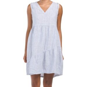 Lucky Brand Striped Tiered Mini Dress Blue Linen V-Neck Coastal Summer Medium
